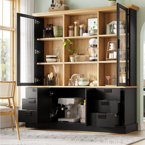 Flieks Küchenbuffet Glasvitrine Hochschrank mit 2 Glastüren und 6 Schubladen (1-St, B140/T40/H185 cm) Mehrzweckschrank Multifunktionsschrank Bücherregal Schwarz & Natur