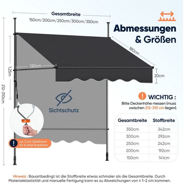 Sekey Klemmmarkise Markise für balkon mit Kurbel Sonnenschutz ohne Bohren UV-beständig B x H: 150 x 212-310 cm, Dunkelgrau