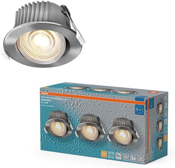 Osram Spot Set LED Einbaustrahler DIM IP44 Verstellbar Satin-Nickel, 3er Set Badezimmer dimmbar, warmweiß 2700K