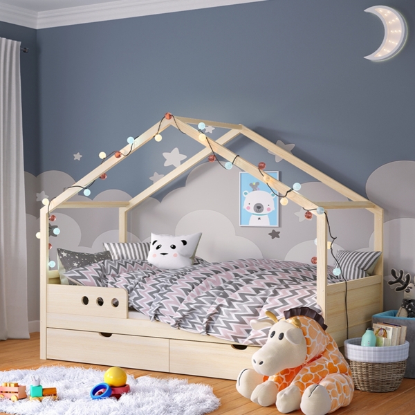 Bellabino 'Bela' Hausbett 90x200 cm mit großer Schublade, natur, Kiefer Massivholz, Montessori Kinderbett mit Stauraum, inkl. Rausfallschutz und Lattenrost