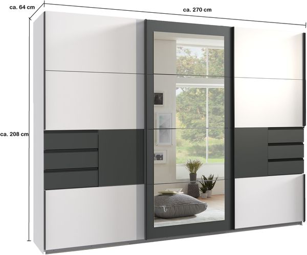 Schwebetürenschrank Kleiderschrank 270 cm 3-türig Schubladen Spiegel Weiß Grafit Bild 9
