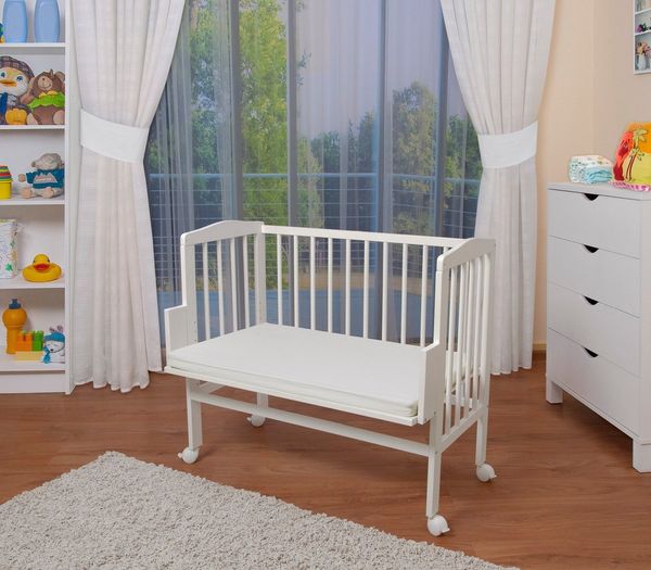 WALDIN Beistellbett mit Matratze, höhenverstellbar, Weiß lackiert