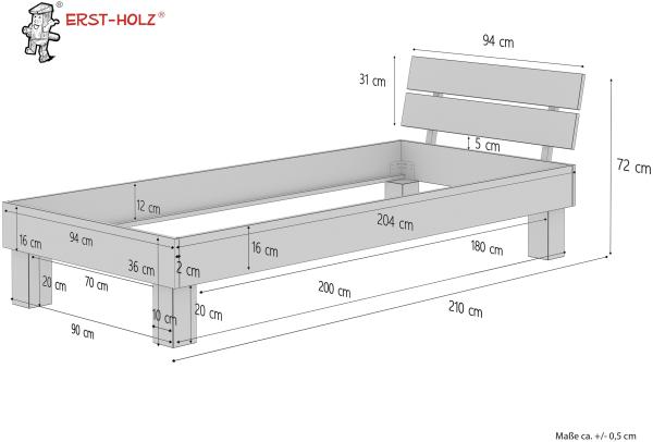 Einzelbett Futonbett '60. 80-09' mit Rollrost, Massivholz natur, 90 x 200 cm