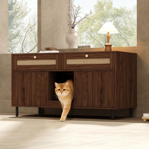 Flieks Mehrzweckschrank Katzentoilettenschrank mit Katzenstreufangmatte und Rattan-Schubladen (1-St, 120x50x65 cm) Katzenstreuwanne-Schrank Tierhaus Sideboard Walnussholzfarbe