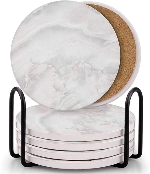 Untersetzer Gläser 6er Set Marmor mit Kork-Rückseite und Halter für Bars Cafés