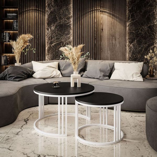 Lookway Couchtisch LORI 2in1 mit Platte in Schwarz Matt (2er Set), Durchmesser: ⌀70 cm und ⌀50 cm