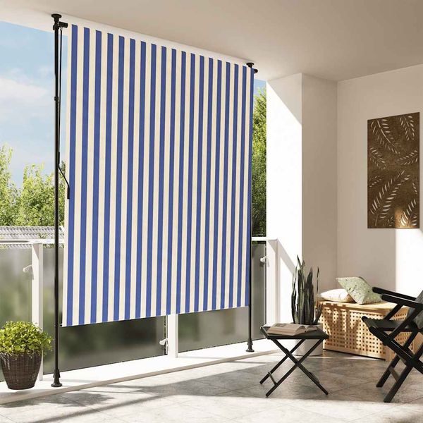 Außenrollo, Senkrechtmarkise Blau und Weiß 200x270 cm Stoff und Stahl