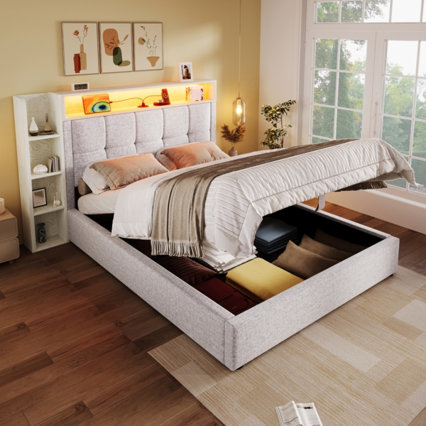 Polsterbett 90x200 cm beige, mit Stauraum, LED & USB-C, ohne Matratze