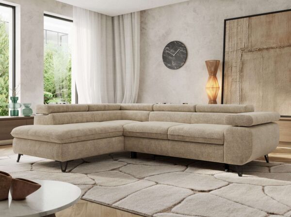MKS Möbel 'Pablo L-Form' Ecksofa mit Schlaffunktion, verstellbare Kopfstützen, Beige, Schenille grob, Visco Topper, Links