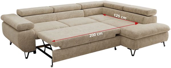 MKS Möbel 'Pablo L-Form' Ecksofa mit Schlaffunktion, verstellbare Kopfstützen, Beige, Schenille grob, Visco Topper, Links Bild 7