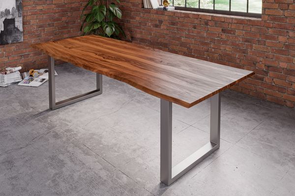 Esstisch Baumkante Massiv Sheesham-Holz naturfarben 140 x 80 U-Gestell silber Hero 71098071