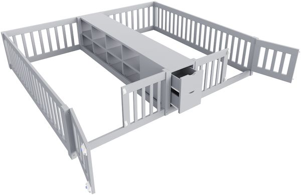 Holzbett 90 x 200 cm, Mit Schublade und Doppelstöckigem Regal, Kinder-Doppelbettgestell mit Sicherheitsgitter, Hohe Gitter, Grau Bild 10