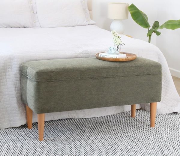 Atelier Del Sofa Stylish Green Pouffe with Beech Wood Legs, 100 cm Wide | 50% Cotton & 50% Linen, 6 cm Orthopedic Sponge | Perfect for Modern Living Rooms & Bedrooms