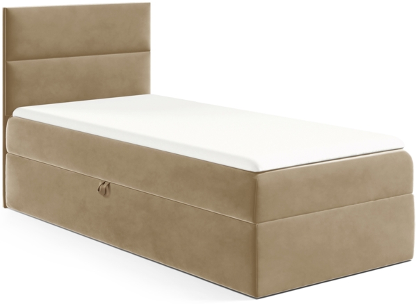 MEBLINI Kinderbett mit Bettkasten MINO 1 100x200 Links – H3/Hellbraun Samt Gepolstert Einzelbett mit Matratze - Polsterbett mit Stauraum - Bett mit Kopfteil – Stauraumbett