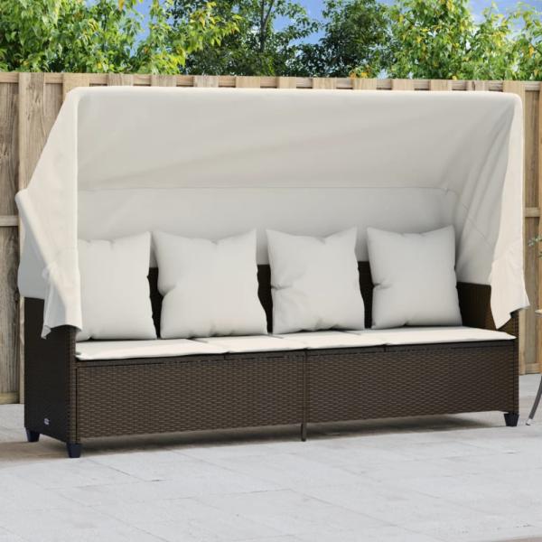 vidaXL Sonnenliege mit Dach und Kissen Braun Poly Rattan 368354