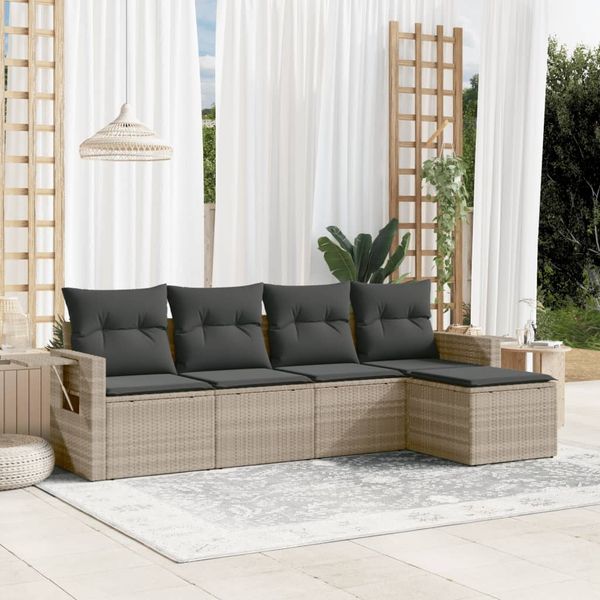 vidaXL 5-tlg. Garten-Sofagarnitur mit Kissen Hellgrau Poly Rattan 3220091