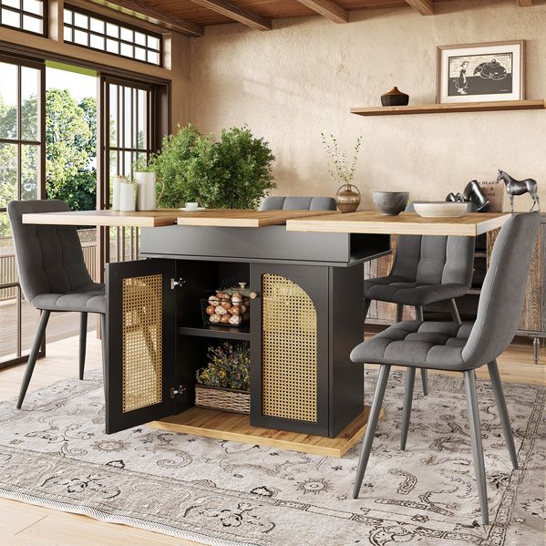 Esstisch ausziehbar 110-140x80x75 cm, schwarz/natur, mit PE-Rattan-Türen & verstecktem Stauraum
