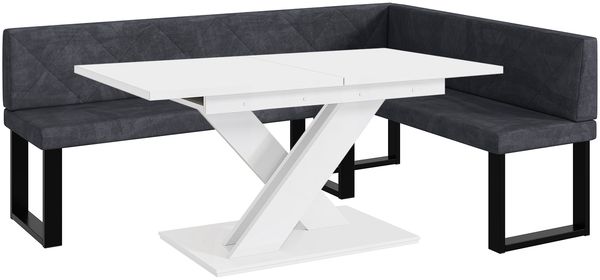 MEBLINI Eckbank für Esszimmer mit ausziehbarem Tisch - Küchenbank - Essecke - Sitzecke Küche - ERIC - U-Beine 142x196x87cm Rechts - Dunkelgrau Samt/B Weiß Matt