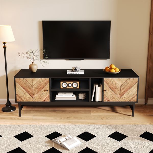 TV-Lowboard, Spanplatte mit Metallgestell, Stauraumfächer, 150x38x55 cm, Schwarz/Natur