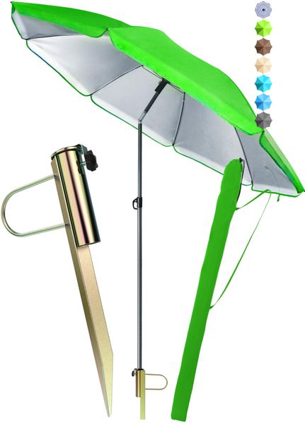 4smile Sonnenschirm Strand SunnyJoy Ø 160 cm, Grün – 3er Set inkl. Strandschirm windfest stabil, Rasendorn Sonnenschirmhalter, Schirmhülle – Sonnenschirm mit Rasendorn, Schirmspieß für Garten