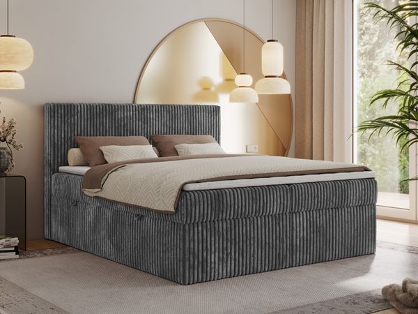Boxspringbett mit Kopfteil und Topper Visco, Cord Bett - TILIANO - 200 x 200 cm - Grau Cord - H4