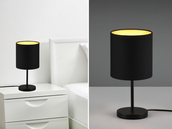 Reality Leuchten LED Nachttischlampe, Dimmfunktion, LED wechselbar, Warmweiß, kleine Designklassiker dimmbar, Fensterlampe Lampenschirm Schwarz Gold