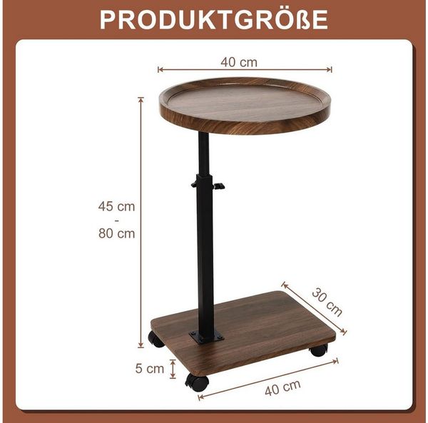 HEYHIPPO Beistelltisch Beistelltisch rund C-Tisch höhenverstellbar 45–80 cm, 40×40cm,Walnuss (Einfache Montage,wasserdicht,kompakt für Sofa,Nachttisch &kleine Räume), Runder Couchtisch auf Rollen,2 Ablagen,360° drehbar,mobiler Nachttisch