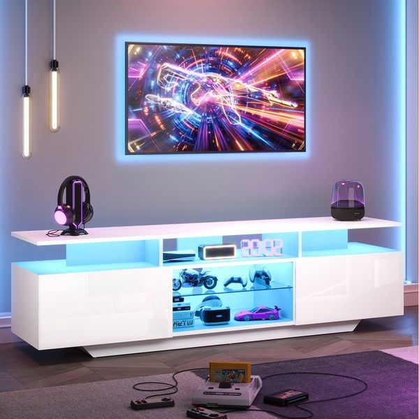 Merax Lowboard mit LED-Beleuchtung, Hochglanzfront & Glasregalen (1 St, für 70-Zoll-Fernseher), TV-Schrank TV-Board mit 2 Schränke & 8 Ablageflächen, 160x40x45cm