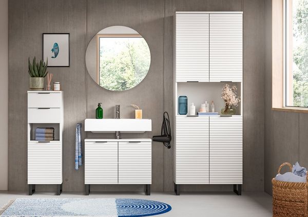 welltime Badmöbel-Set Litica, Breite 205 cm, hochwertige Rillenfräsung, Metallkufen, (4-St), Unterschrank, Waschbeckenunterschrank, Spiegelschrank, Hochschrank