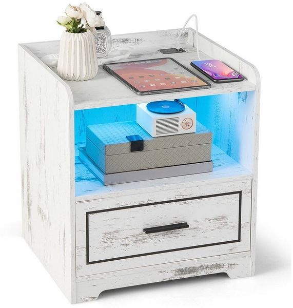 COSTWAY Nachttisch (2-St), LED, 3 Farben, mit Schublade & USB-Anschluss, Holz