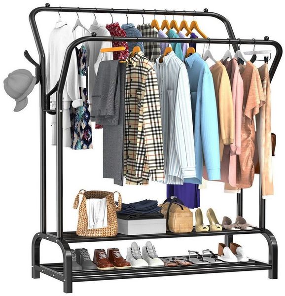 ToteBox Garderobenständer 3-in-1-Kleiderständer: Doppelstangen, 8 Haken & Schuhablage – Stabil