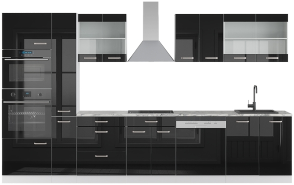 Küchenzeile R-Line Schwarz Hochglanz/Weiß 350 cm mit Hochschrank, ohne Arbeitsplatte Vicco