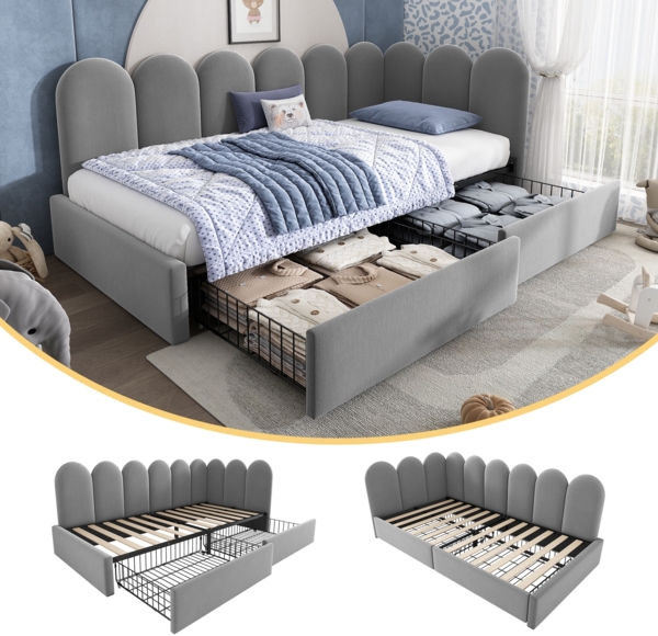 Merax Polsterbett 90x200cm Einzelbett Kinderbett Jugendbett mit Schubladen Stauraumbett Samt Daybett Tagesbett Schlafsofa mit Lattenrost und Erwachsene, Grau