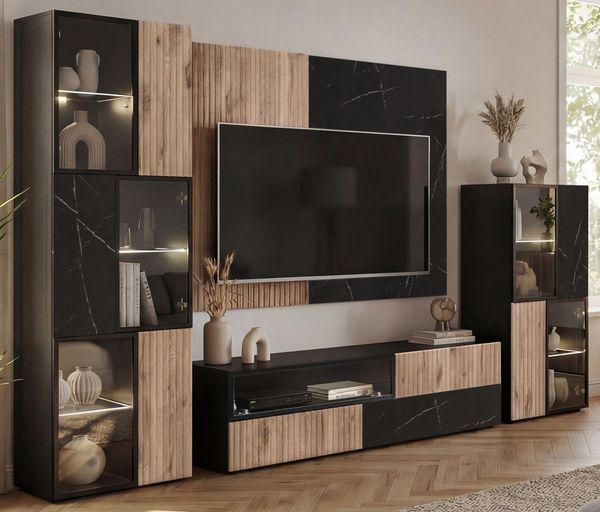 Wohnwand Starlet in schwarz, Vicking Eiche und Marmor schwarz 300 cm