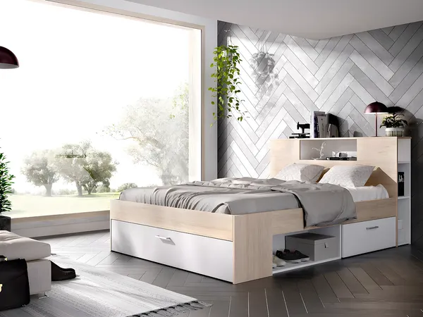 Vente-unique - LEANDRE Bett Holz, Platte BeigeWeiß - B 169,5 cm x H 95 cm x L 228,5 cm
