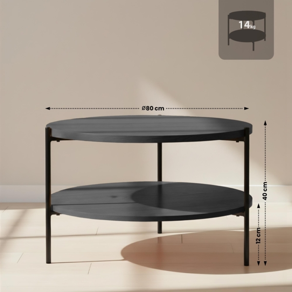 CLP Couchtisch Edduma rund aus Holz 2 Ebenen Metallgestell schwarz,grau Ø 80 cm Bild 2