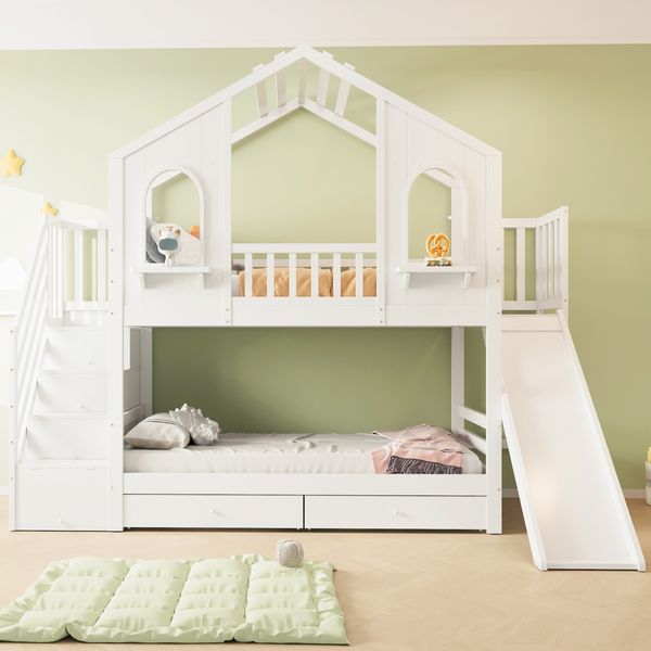 Kinder-Etagenbett hausförmig weiß, 90x200 cm, mit Rutsche & Stauraum, ohne Matratzen