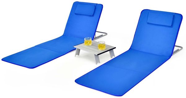 2er Set Faltbare Strandmatte mit 2 Liegestühlen und Beistelltisch 151 x 55,5 x 27-47 Blau