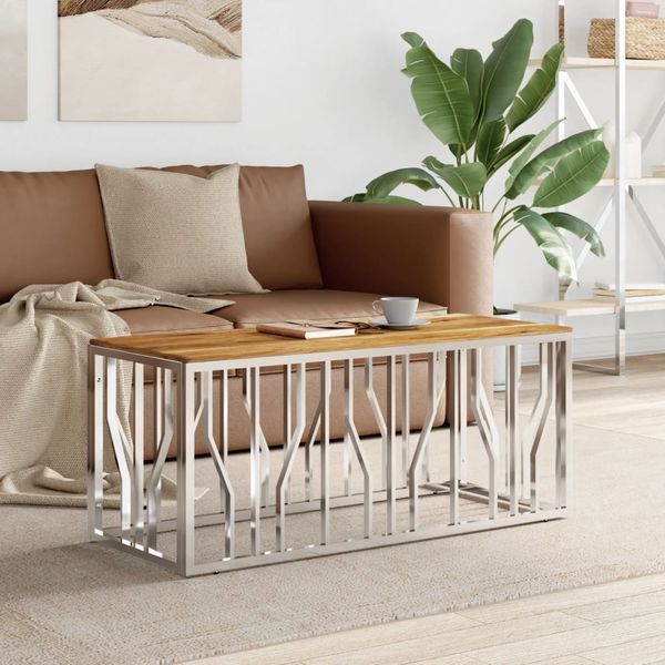 vidaXL Couchtisch Silbern Edelstahl und Massivholz Akazie 350055