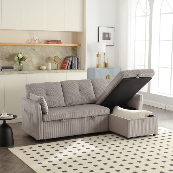Schlafsofa 206x108x66 cm mit Stauraum und Ausziehfunktion – Cord in Hellgrau, wechselbare Chaiselongue