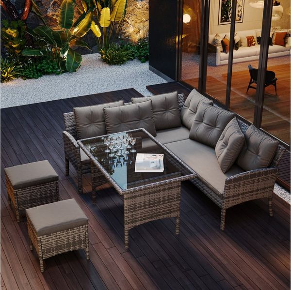 HAUSS SPOLE Gartenlounge-Set mit Sofa, Tisch, Hocker & Kissen,abnehmbarer Stoffbezug, Grau, (5-tlg)