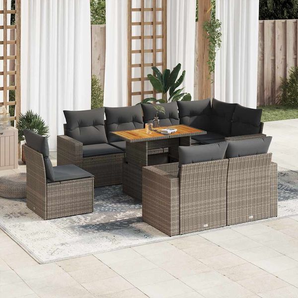 vidaXL 9-tlg. Garten-Sofagarnitur mit Kissen Grau Poly Rattan 3327056