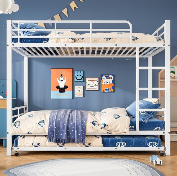 Bett 90x200/90x190 cm Etagenbett mit Ausziehbett, Weiß, Metall – platzsparend und EN-747-zertifiziert