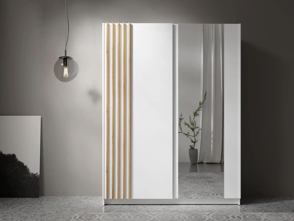 AX LIVING Kleiderschrank weiß mit Spiegel 150 cm – Beralto mit Lamellen