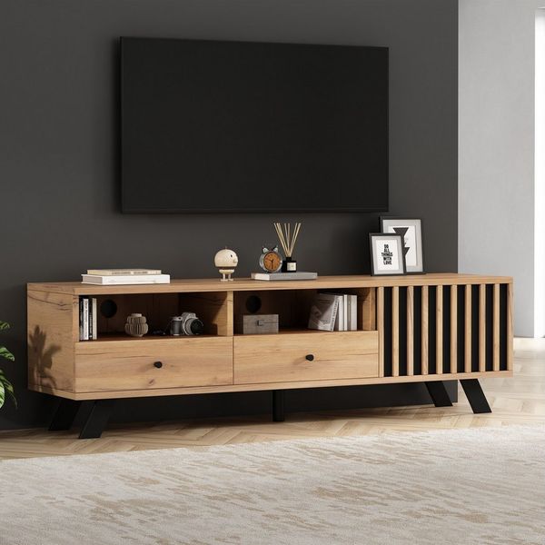 MODFU Lowboard mit Vielseitiger Stauraum (Fernsehschrank, TV-Board, 1 St, 150*38*44cm,Stabile Konstruktion), Natürliches Holz mit schwarzem