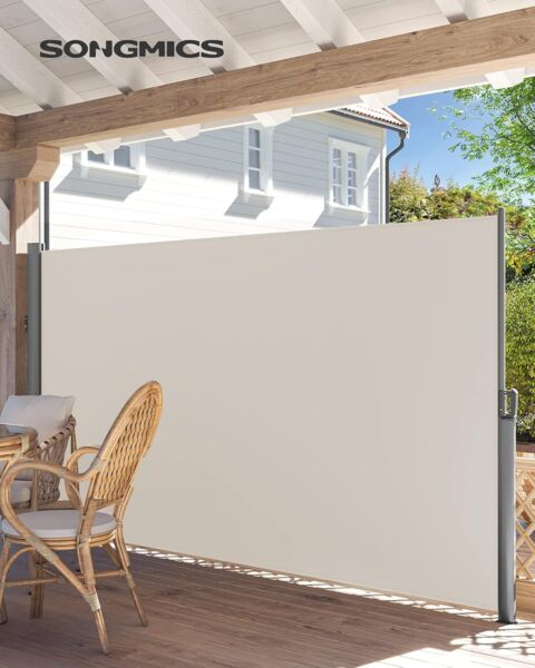 SONGMICS Alu-Seitenmarkise, ausziehbar, blickdicht, Beige, 200x350 cm