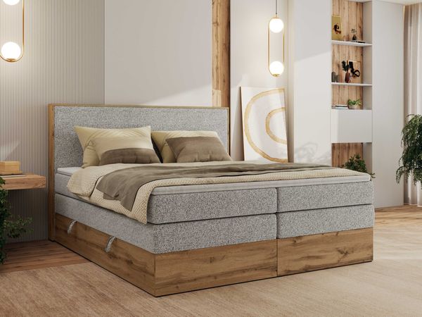 Boxspringbett, Set mit zwei Multipocket-Matratze und Topper, hohe Kopfteil, Eiche Wotan Holzrahmen - WOOD CLASSIC KING - 180 x 200 cm - Hellgrau Struktur - H3