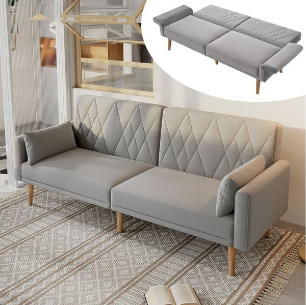 Merax Schlafsofa klappbar Zweisitzer-Sofa mit Schlaffunktion, Doppelsofa aus Samtstoff, 1 Teile, Polstersofa mit verstellbarer Rückenlehne & Armlehnen, inkl. Kissen