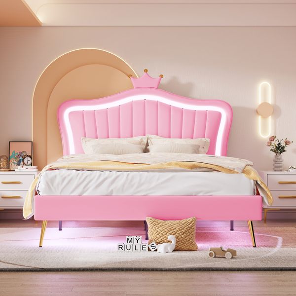 Polsterbett 140x200 cm mit LED-Beleuchtung und Krönchen-Kopfteil – gepolstertes Kinderbett in Pink