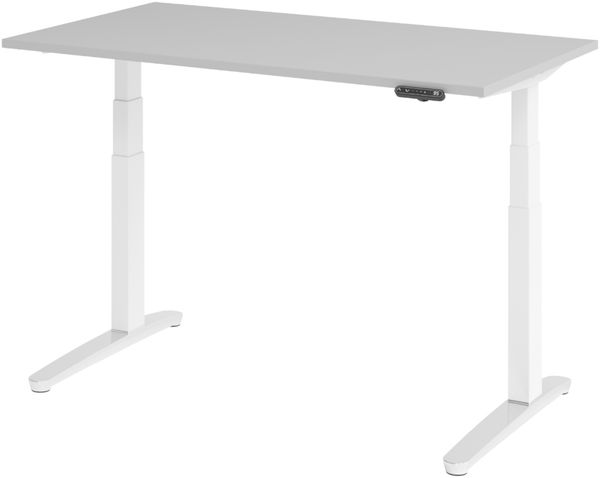 bümö elektrisch höhenverstellbarer Schreibtisch 140x80 cm in grau, Gestell in weiß/alu - Designer Bürotisch mit Memoryfunktion, elektrischer Stehschreibtisch höhenverstellbar, XBHM14-5-WC